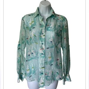 Leggiadro blouse cotton silk Ocean Life print long sleeve button front Size S